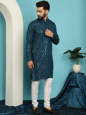 Men's Sequinned Cotton Teal Blue Kurta With Churidar