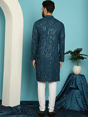 Men's Sequinned Cotton Teal Blue Kurta With Churidar