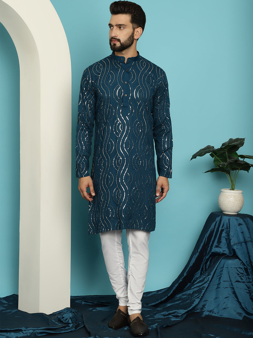 Men's Sequinned Cotton Teal Blue Kurta With Churidar