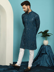 Men's Sequinned Cotton Teal Blue Kurta With Churidar