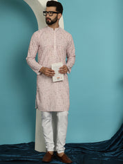 Men's Regular Thread Work Cotton Pink Kurta with Churidar