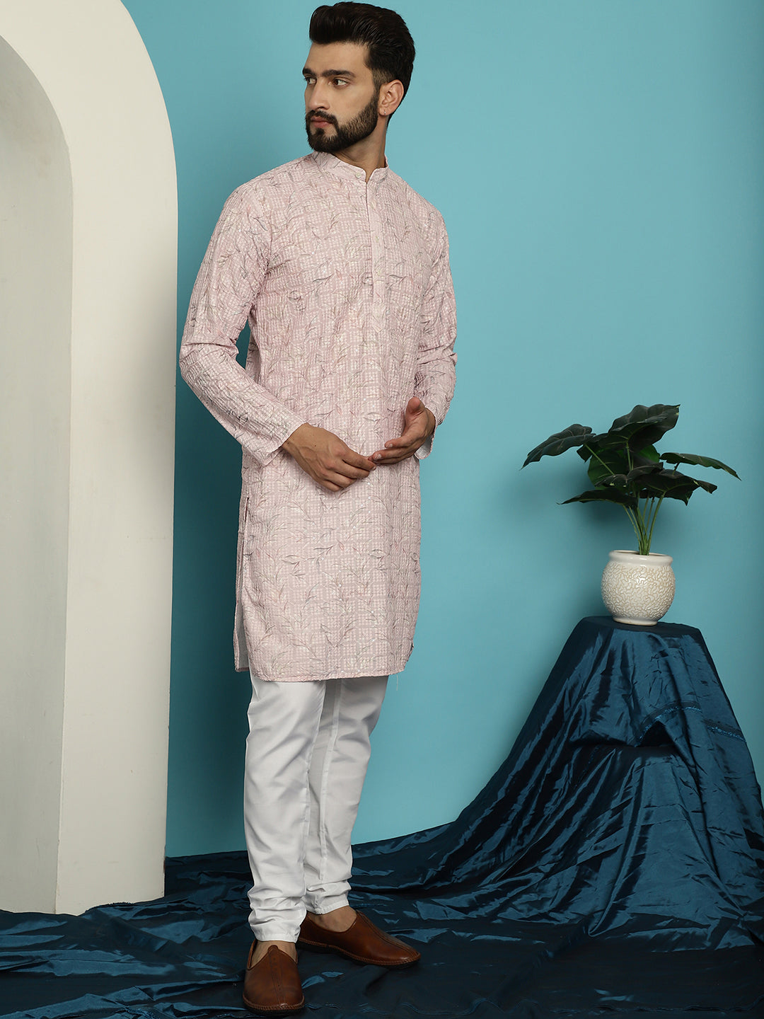 Men's Regular Thread Work Cotton Pink Kurta with Churidar