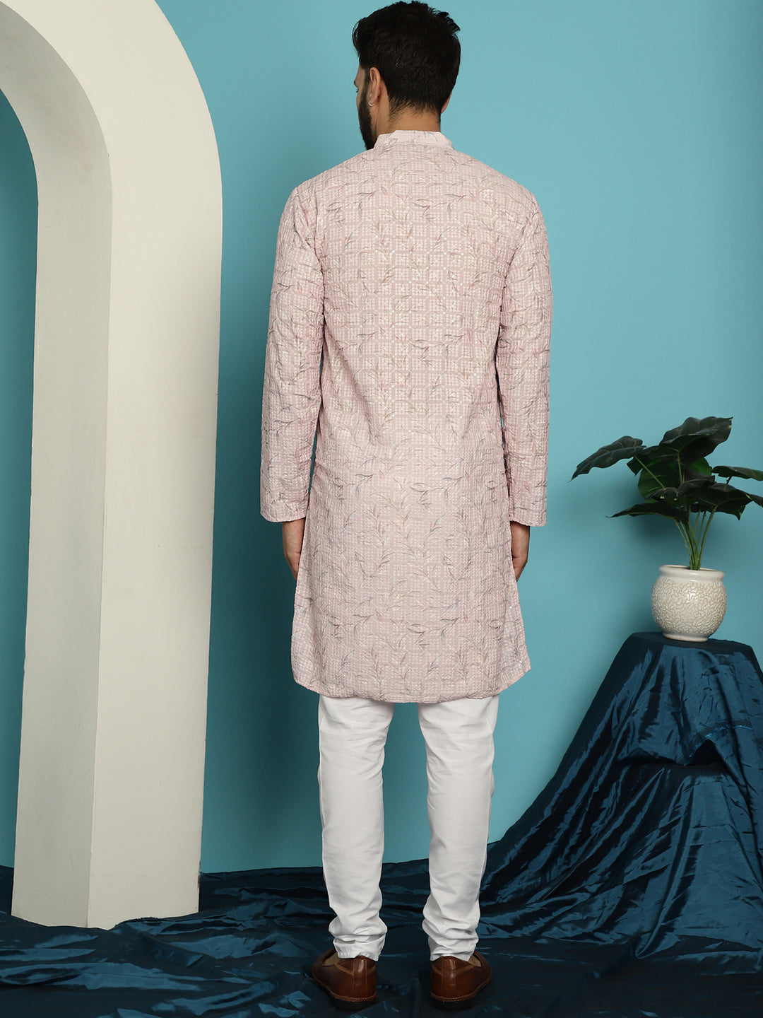 Men's Regular Thread Work Cotton Pink Kurta with Churidar