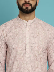 Men's Regular Thread Work Cotton Pink Kurta with Churidar