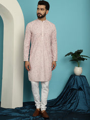 Men's Regular Thread Work Cotton Pink Kurta with Churidar