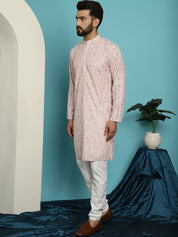 Men's Regular Thread Work Cotton Pink Kurta with Churidar