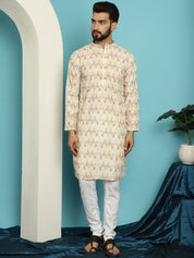 Men's Regular Thread Work Cotton Yellow Kurta with Churidar