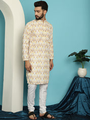 Men's Regular Thread Work Cotton Yellow Kurta with Churidar