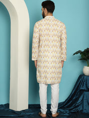 Men's Regular Thread Work Cotton Yellow Kurta with Churidar