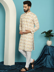 Men's Regular Thread Work Cotton Yellow Kurta with Churidar