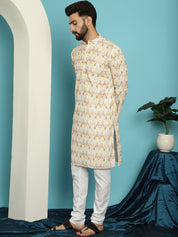 Men's Regular Thread Work Cotton Yellow Kurta with Churidar