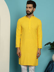 Men's Pure Cotton Mustard Embroidered Sequined Kurta