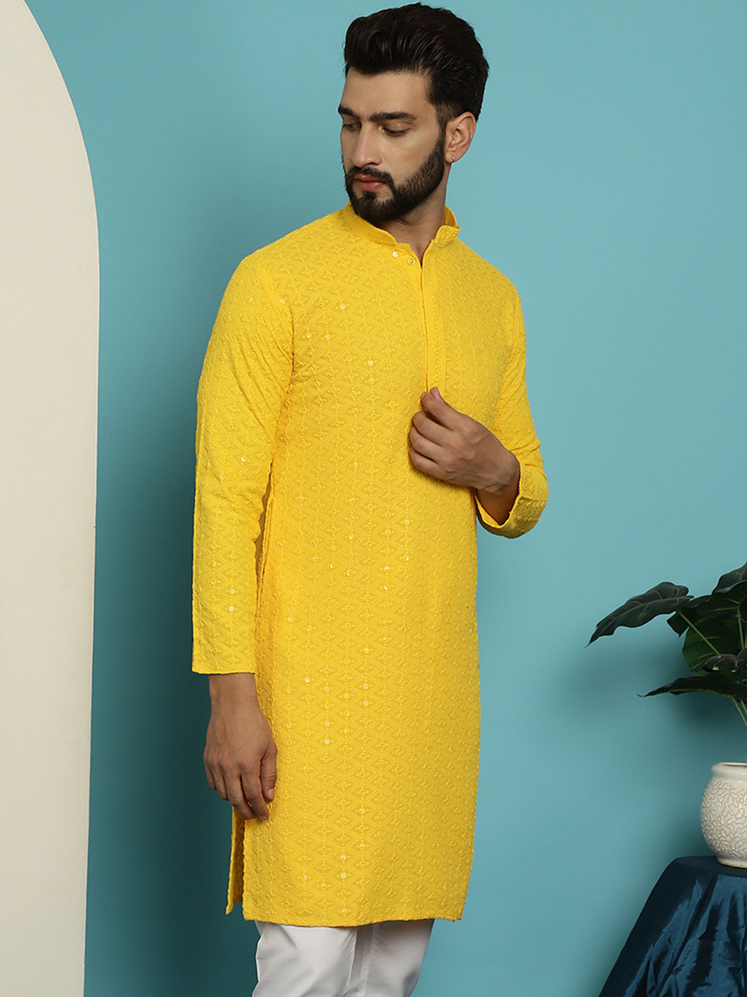 Men's Pure Cotton Mustard Embroidered Sequined Kurta