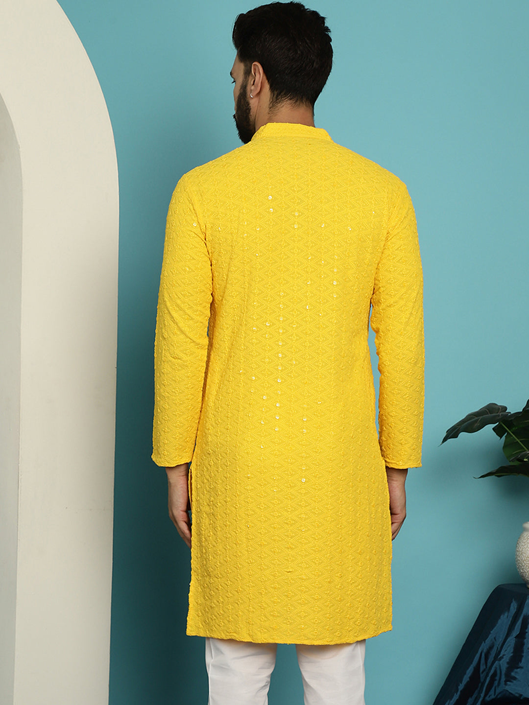 Men's Pure Cotton Mustard Embroidered Sequined Kurta