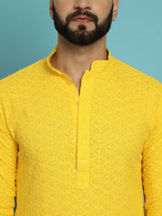 Men's Pure Cotton Mustard Embroidered Sequined Kurta