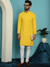 Men's Pure Cotton Mustard Embroidered Sequined Kurta