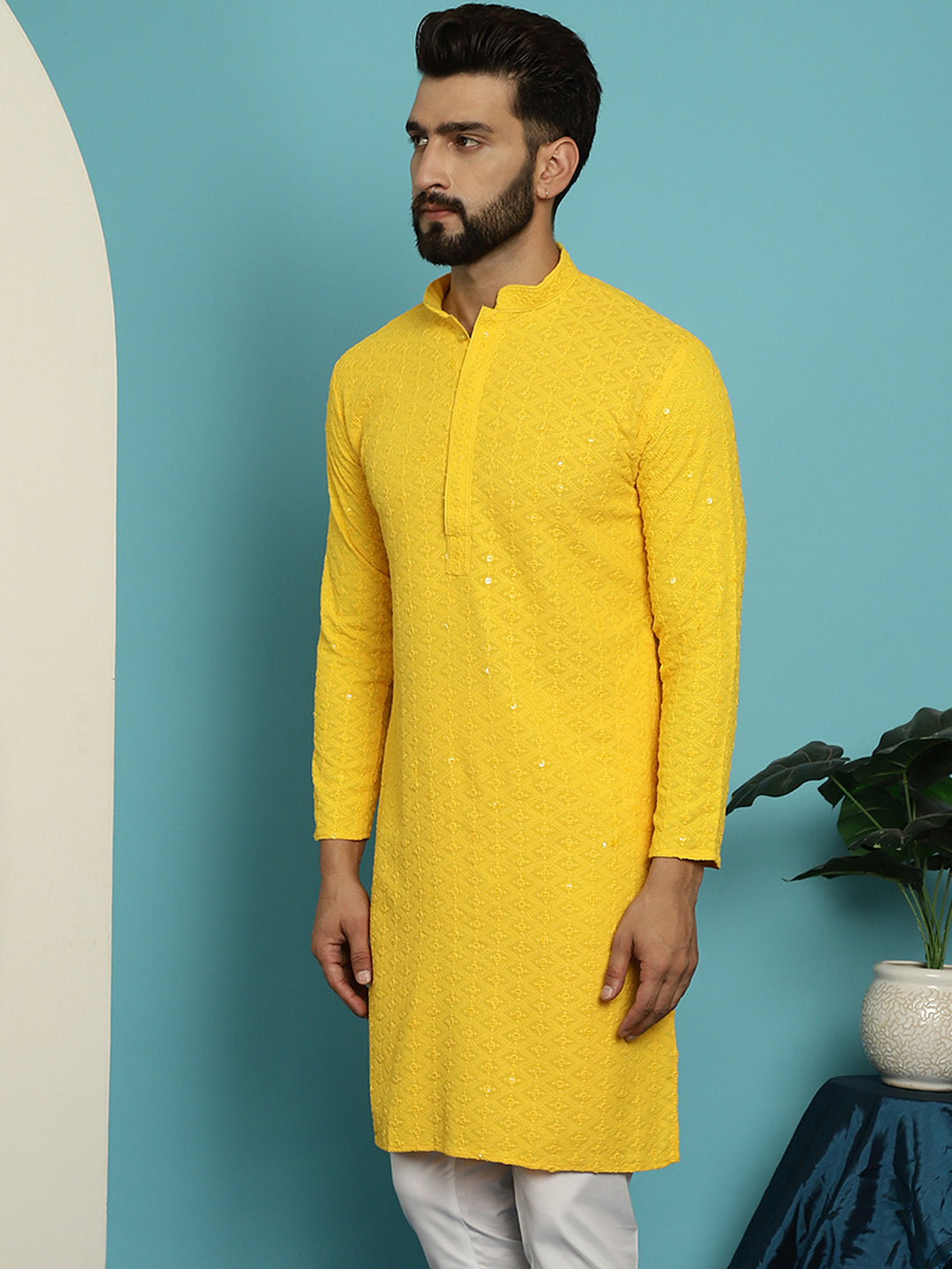 Men's Pure Cotton Mustard Embroidered Sequined Kurta