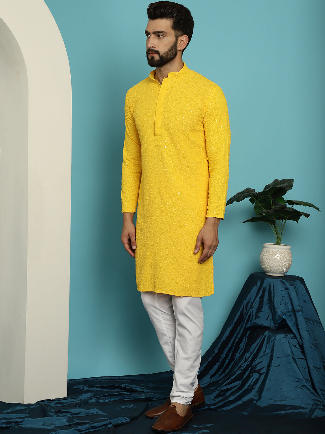 Men's Sequinned Mustard Cotton Kurta and White Pyjama