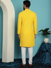 Men's Sequinned Mustard Cotton Kurta and White Pyjama