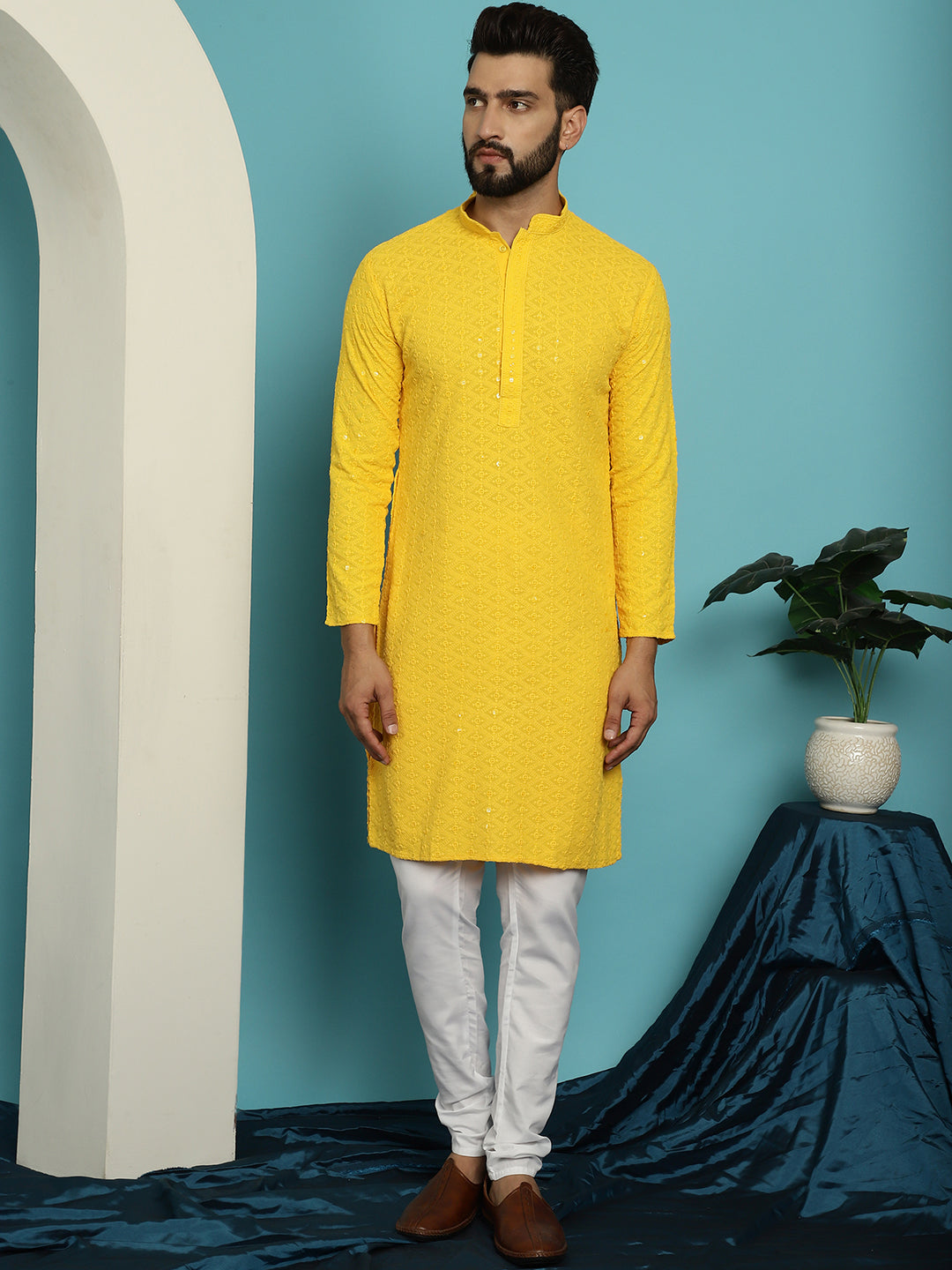 Men's Sequinned Mustard Cotton Kurta and White Pyjama