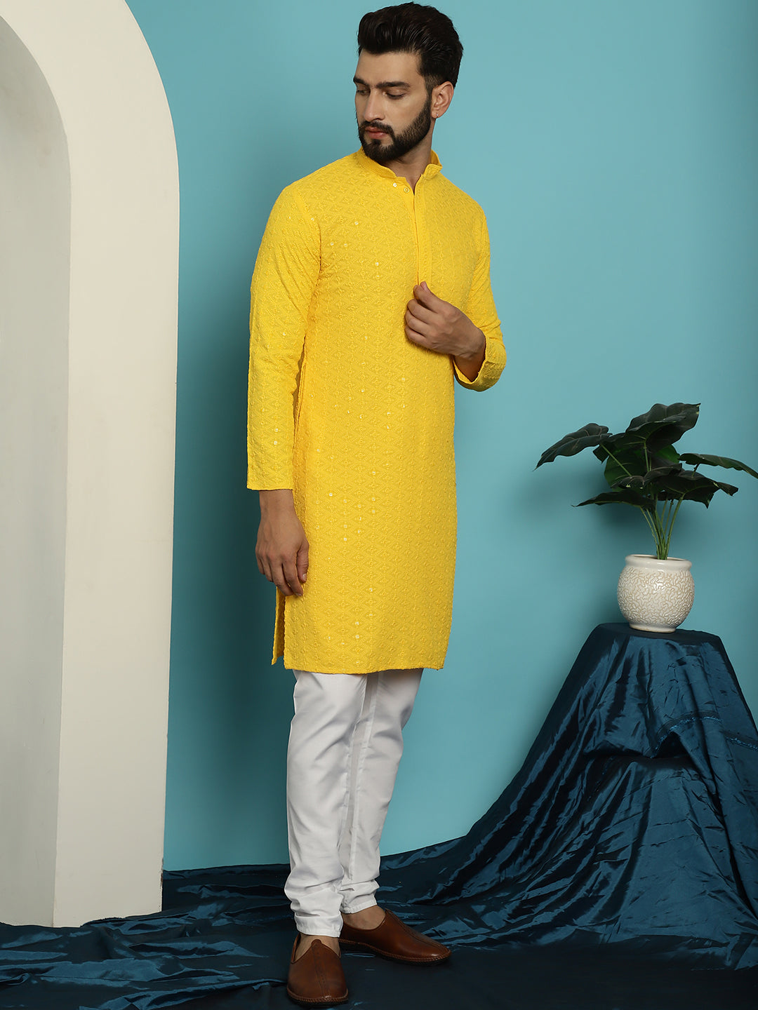 Men's Sequinned Mustard Cotton Kurta and White Pyjama