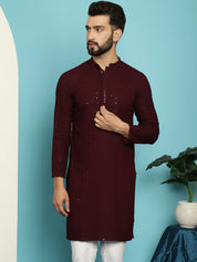 Men's Pure Cotton Purple Embroidered Sequined Kurta