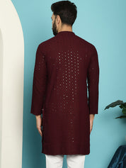 Men's Pure Cotton Purple Embroidered Sequined Kurta