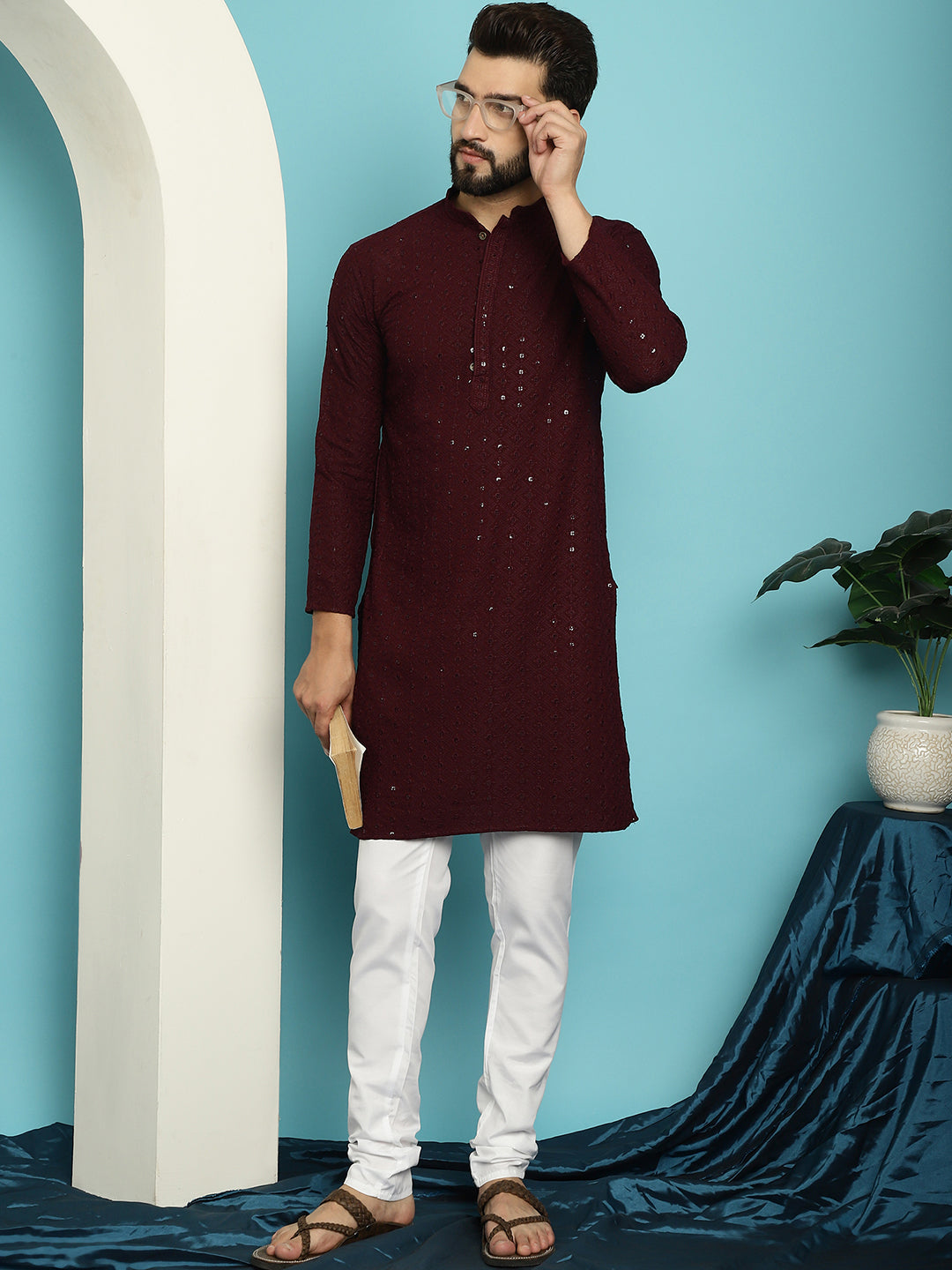 Men's Pure Cotton Purple Embroidered Sequined Kurta