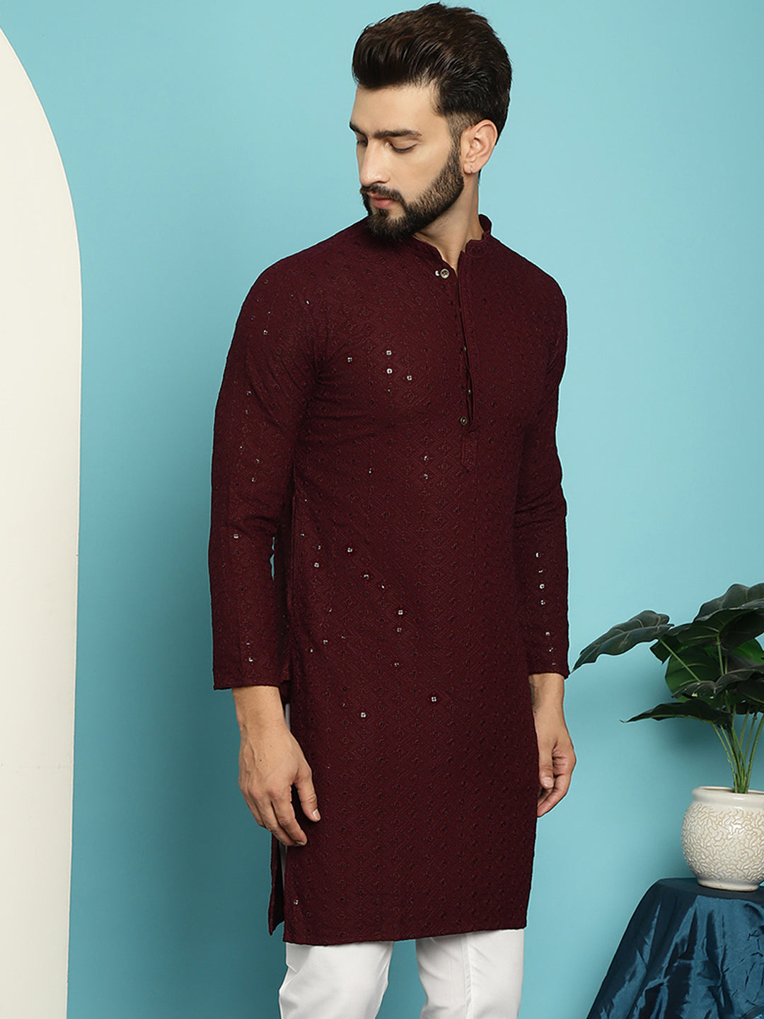 Men's Pure Cotton Purple Embroidered Sequined Kurta