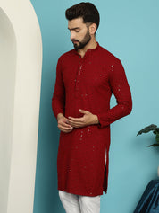 Men's Pure Cotton Maroon Embroidered Sequined Kurta