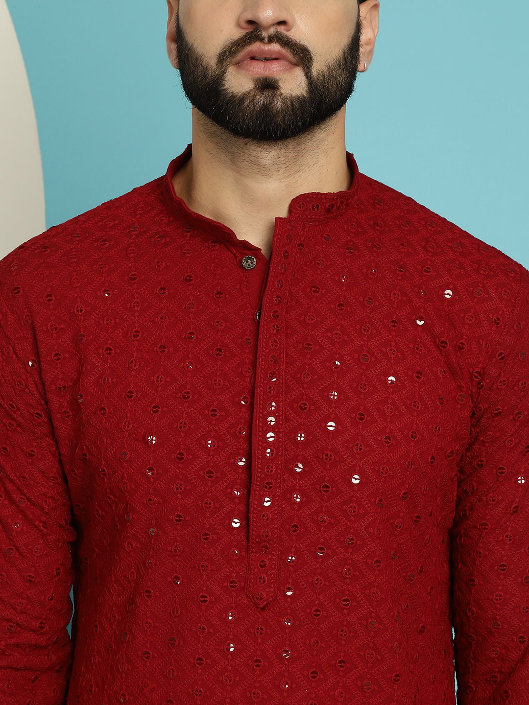 Men's Pure Cotton Maroon Embroidered Sequined Kurta