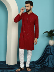 Men's Sequinned Maroon Cotton Kurta and White Pyjama