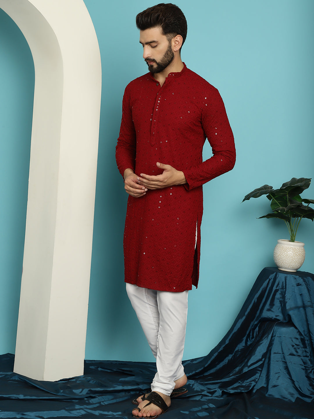 Men's Sequinned Maroon Cotton Kurta and White Pyjama