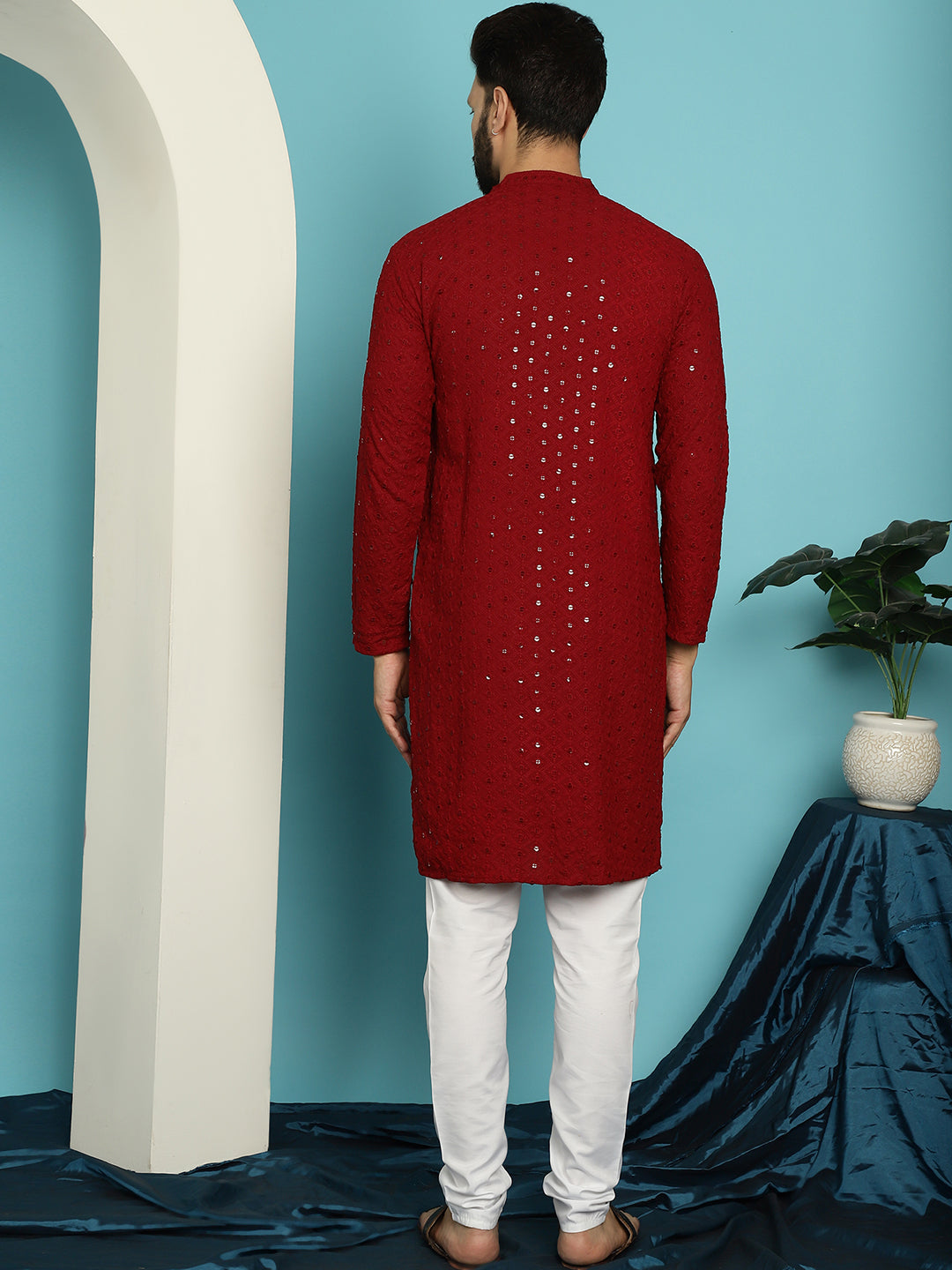 Men's Sequinned Maroon Cotton Kurta and White Pyjama