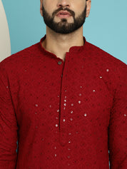 Men's Sequinned Maroon Cotton Kurta and White Pyjama