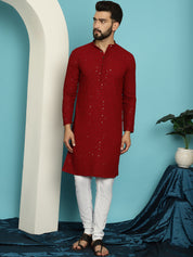 Men's Sequinned Maroon Cotton Kurta and White Pyjama