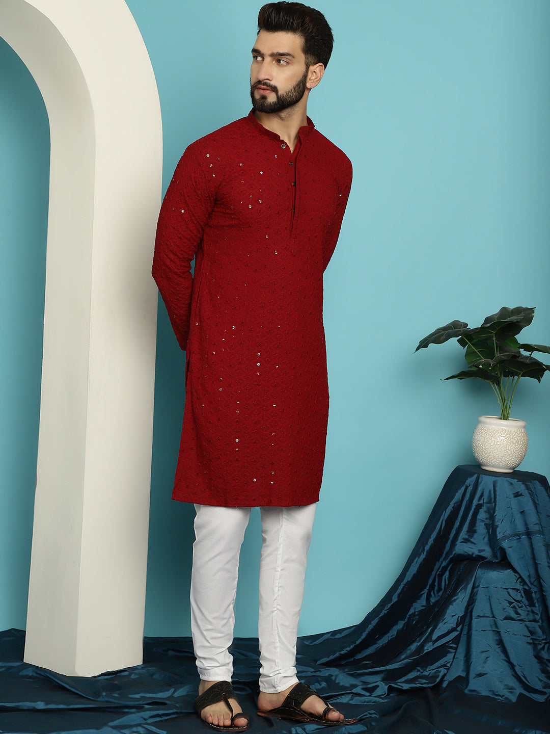 Men's Sequinned Maroon Cotton Kurta and White Pyjama