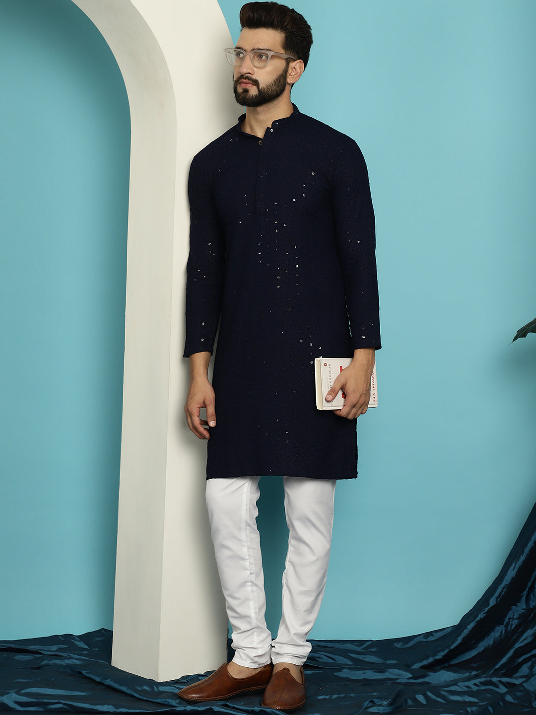 Men's Pure Cotton NavyBlue Embroidered Sequined Kurta