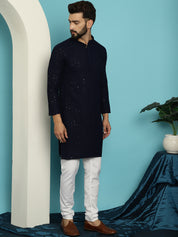 Men's Sequinned Navy Blue Cotton Kurta and White Pyjama