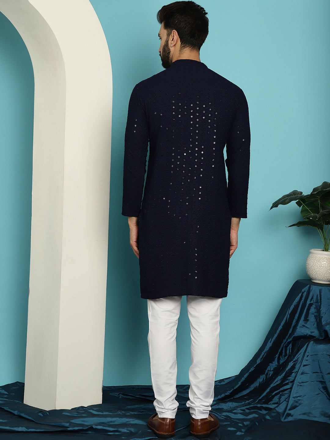 Men's Sequinned Navy Blue Cotton Kurta and White Pyjama