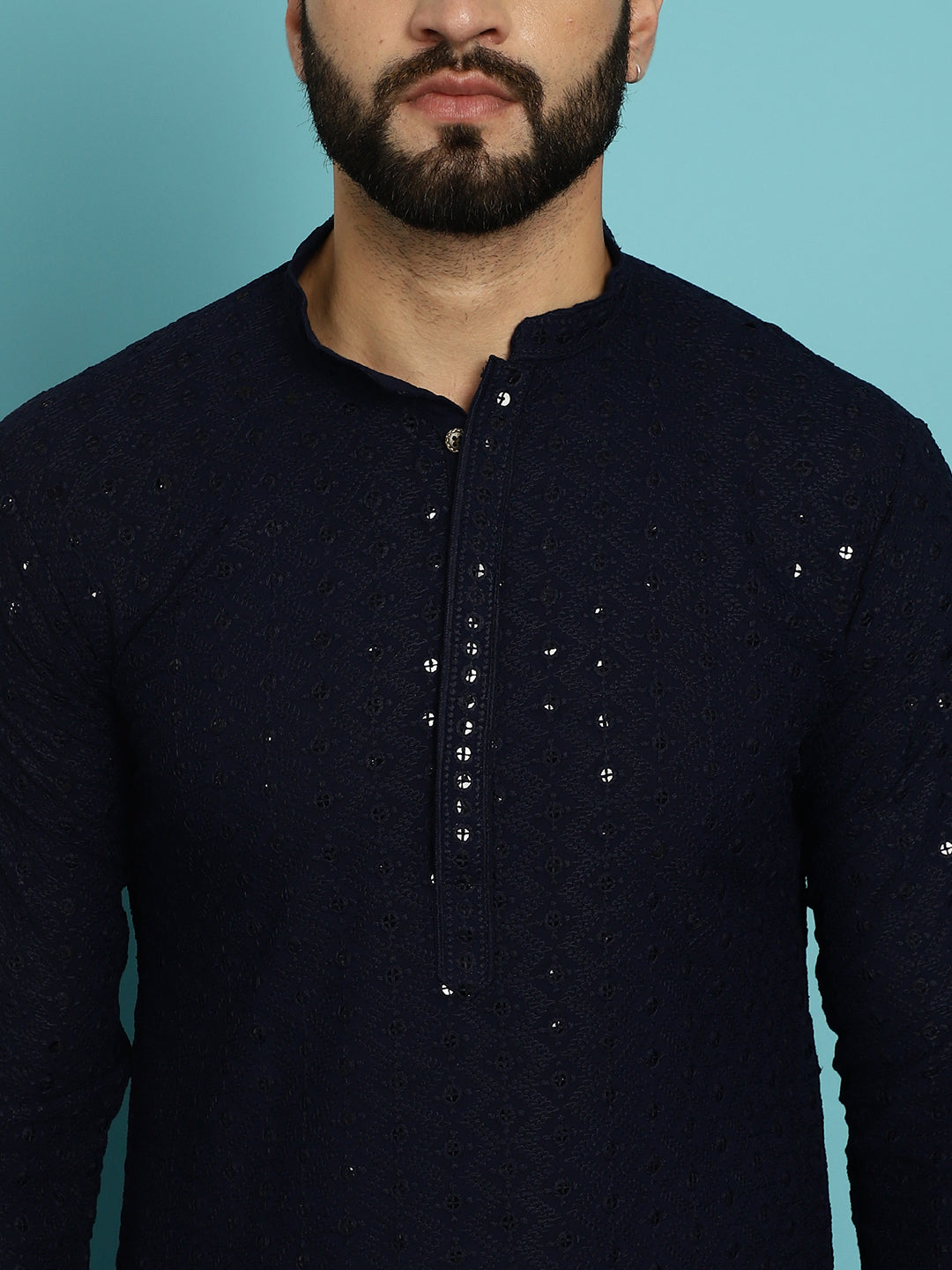 Men's Sequinned Navy Blue Cotton Kurta and White Pyjama