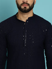 Men's Sequinned Navy Blue Cotton Kurta and White Pyjama