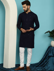 Men's Sequinned Navy Blue Cotton Kurta and White Pyjama