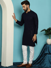 Men's Sequinned Navy Blue Cotton Kurta and White Pyjama