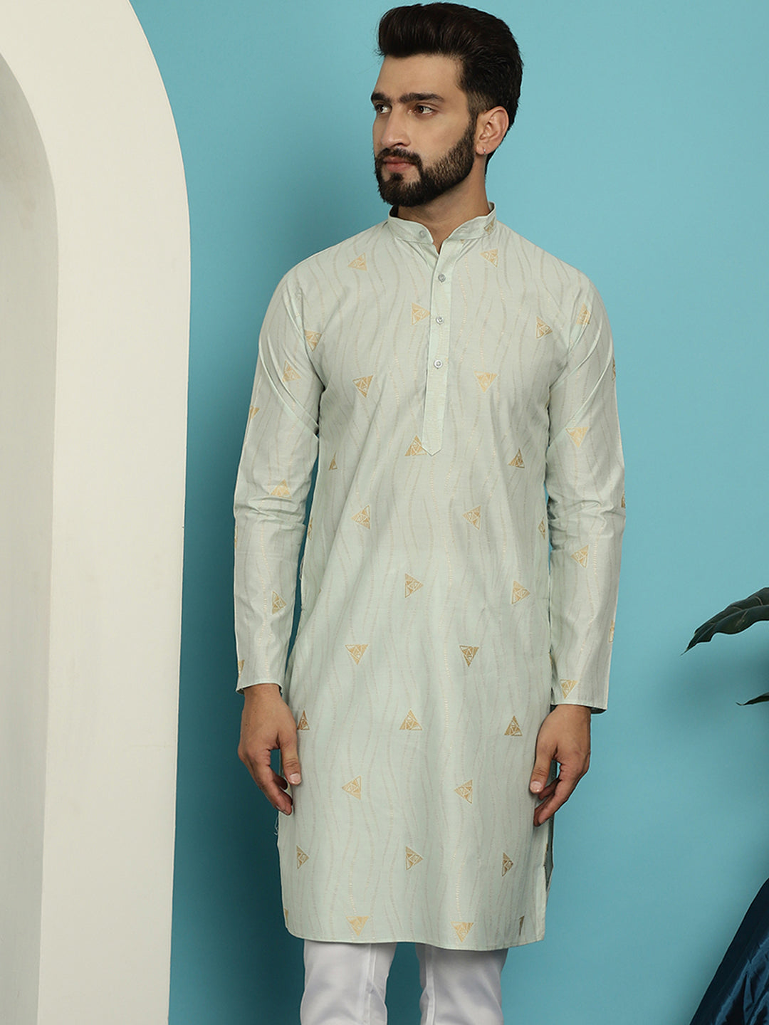 Men's Jacqard Silk Green Long Kurta