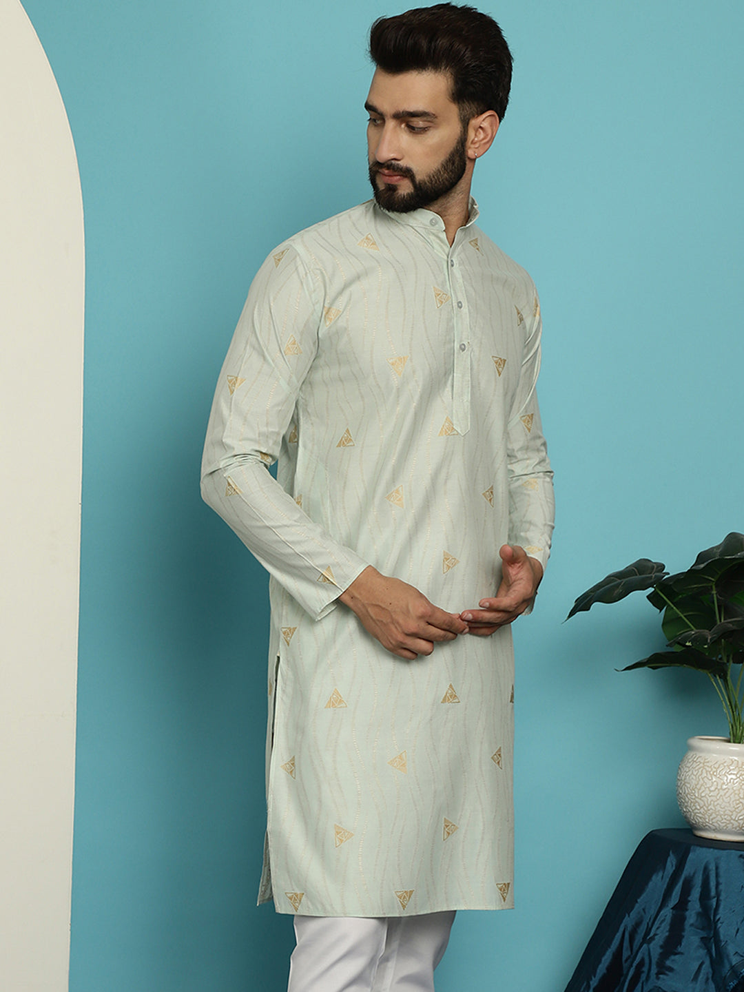 Men's Jacqard Silk Green Long Kurta