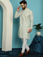 Men's Jacqard Silk Green Long Kurta