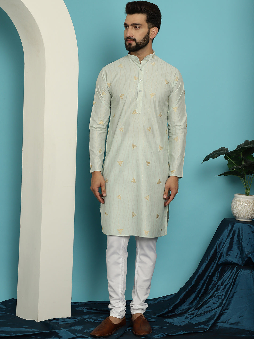 Men's Jacqard Silk Green Kurta & White Pyjama Set