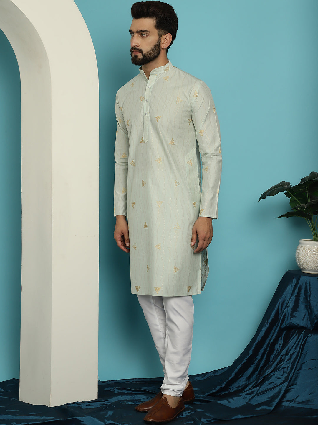 Men's Jacqard Silk Green Kurta & White Pyjama Set