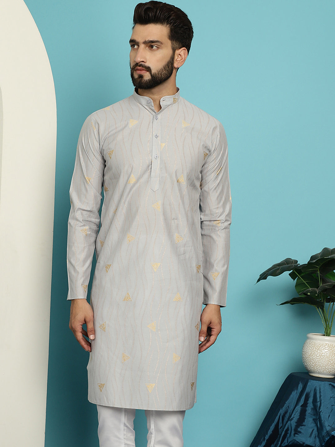 Men's Jacqard Silk Grey Long Kurta